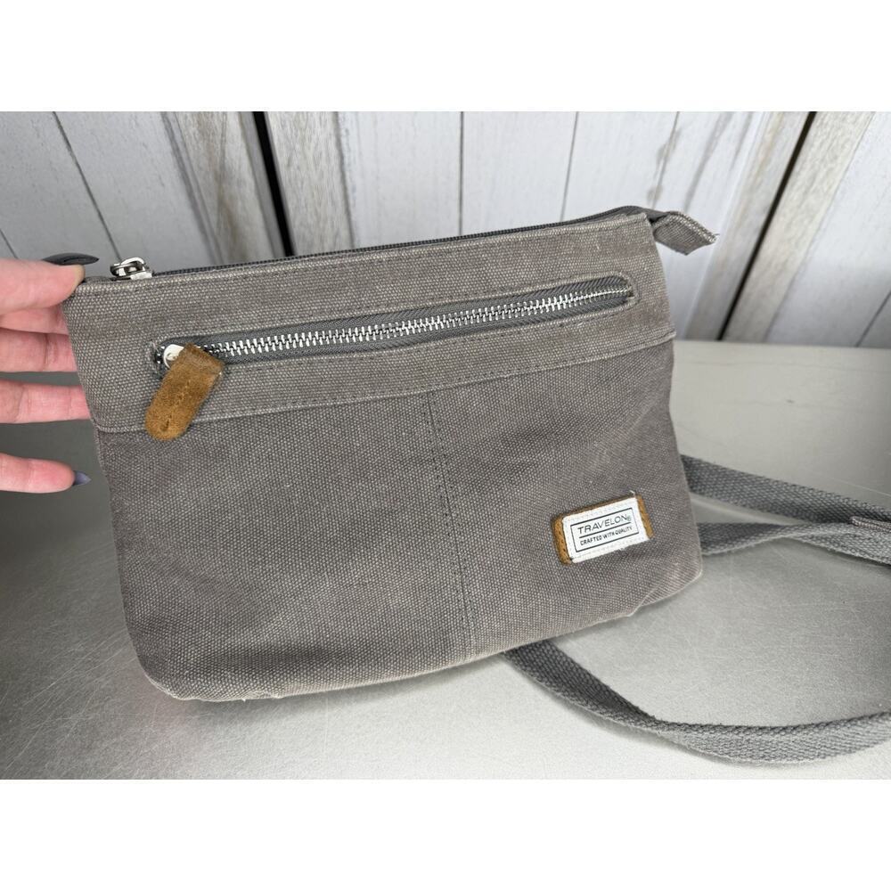Travelon Heritage Crossbody Bag Gray RFID Cotton Canvas Suede Trim